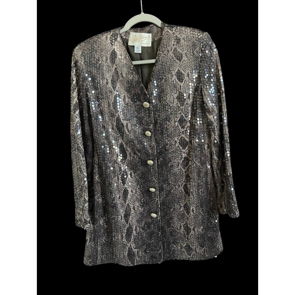 Rickie Freeman Sequin Jacket Brown 10 Snake Print Made in USA Elegant